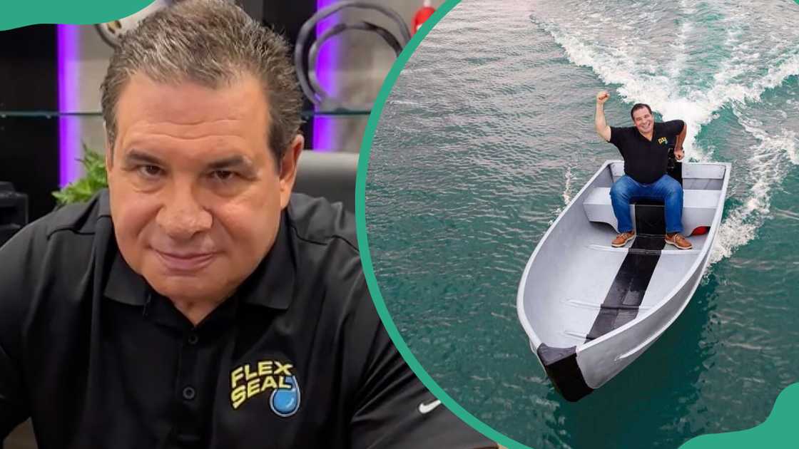 Phil Swift in his office and on a boat he fixed with Flex Tape Phil Swift in his office and on a boat he fixed with Flex Tape