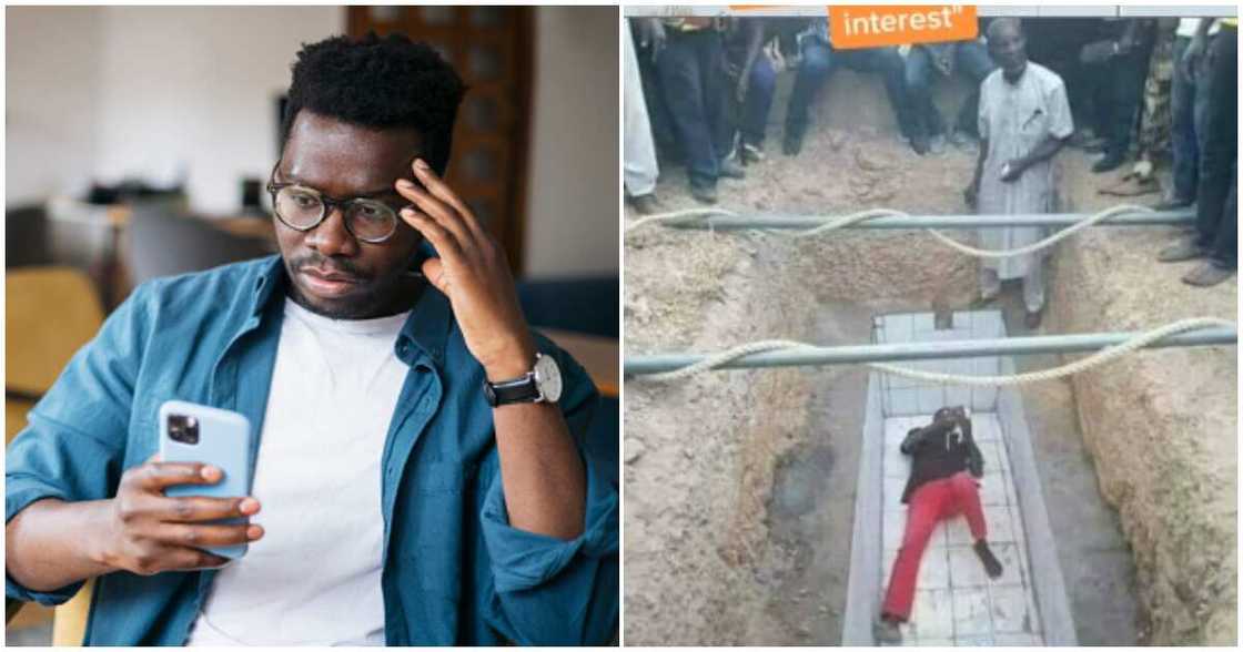 Gravedigger jumps into grave, gravedigger stops burial ceremony, gravedigger enters grave Gravedigger jumps into grave, gravedigger stops burial ceremony, gravedigger enters grave