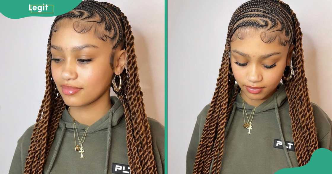 A woman displays her lemonade braids with passion twists A woman displays her lemonade braids with passion twists
