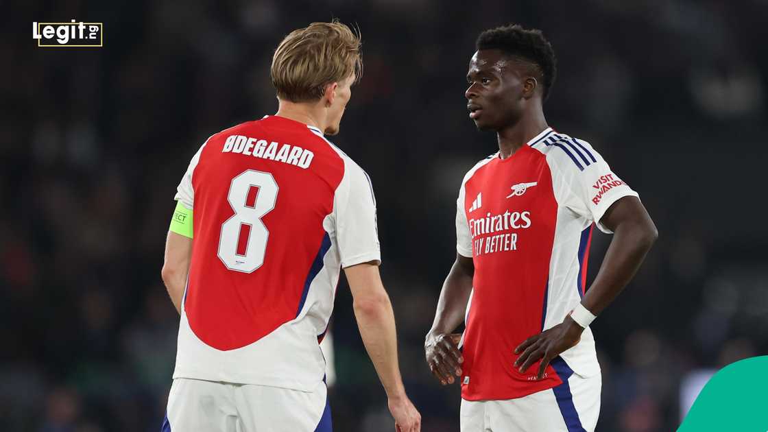 Martin Odegaard, Bukayo Saka, Arsenal, UEFA Champions League. Martin Odegaard, Bukayo Saka, Arsenal, UEFA Champions League.