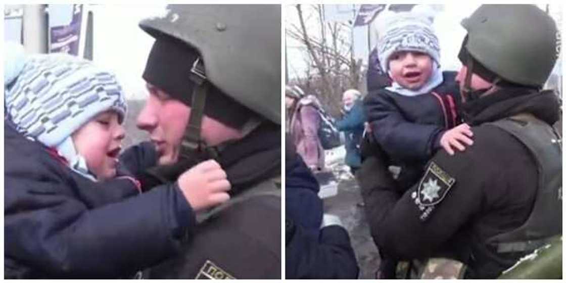 Ukrainian kid says painful goodbye to his dad as he goes off to fight Russians. Ukrainian kid says painful goodbye to his dad as he goes off to fight Russians.