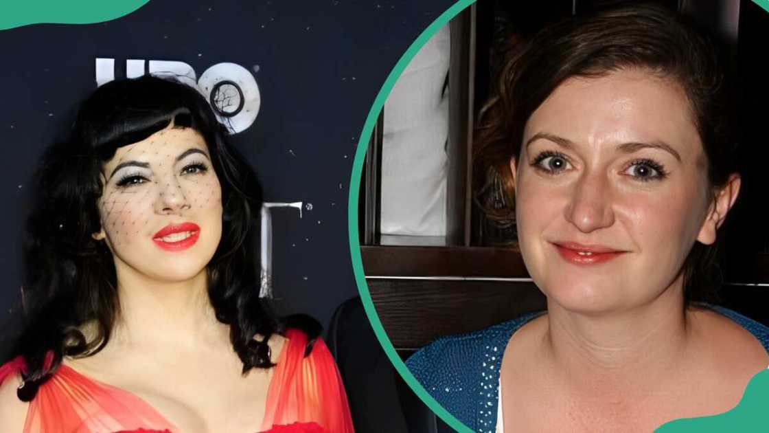 Olivia O'Flanagan, in a red dress (L). Aidan Gillen's ex-wife in a blue sweater (R) Olivia O'Flanagan, in a red dress (L). Aidan Gillen's ex-wife in a blue sweater (R)