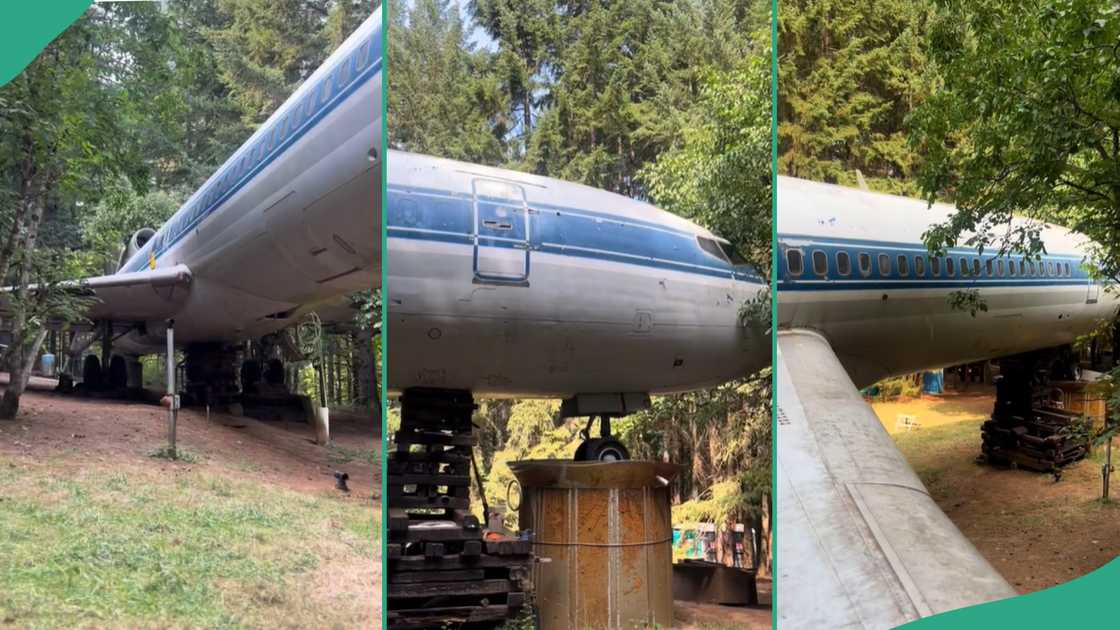 Lady shows airplane turned into a house.