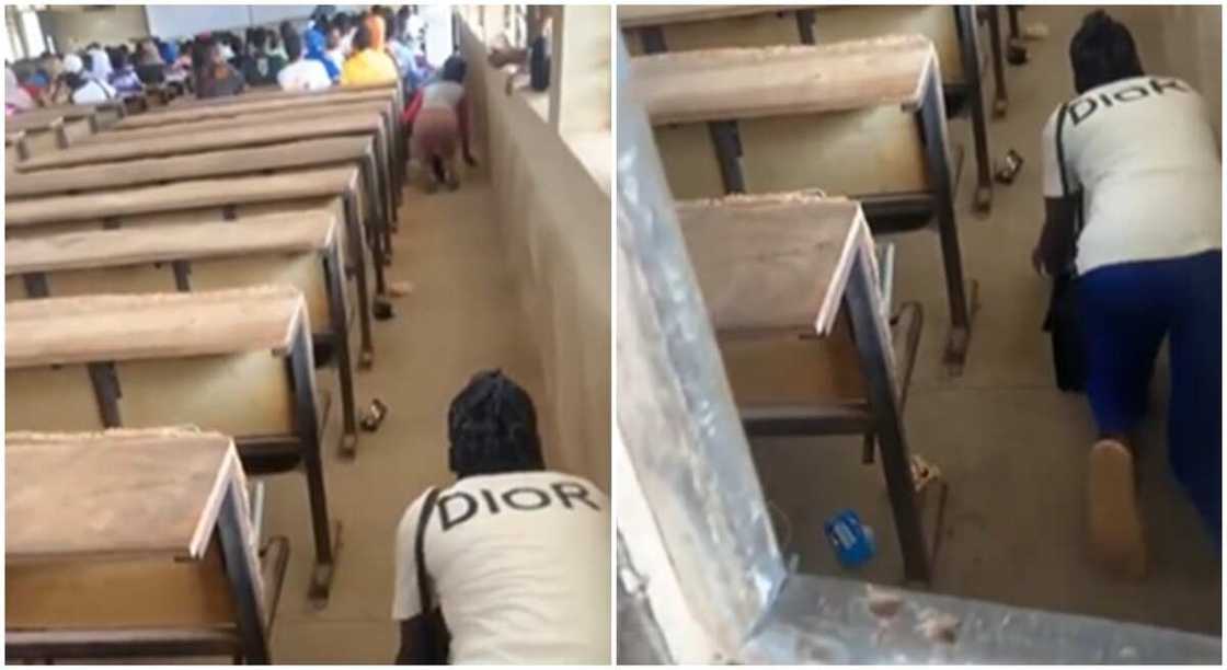 Nigerian university students seen crawling into lecture hall on all fours.