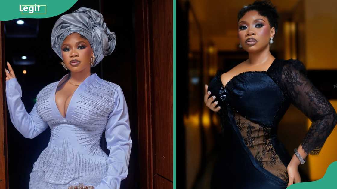 Two-panel photo of a woman in a silver beaded gown with a headwrap, and in a black lace gown. Two-panel photo of a woman in a silver beaded gown with a headwrap, and in a black lace gown.