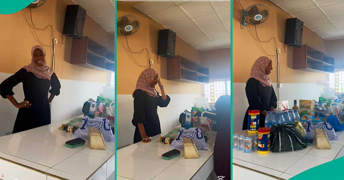 Dr Aminah Badmos, a lecturer at the Federal University of Agriculture, Abeokuta (FUNAAB), becomes emotional as students surprise her in class.