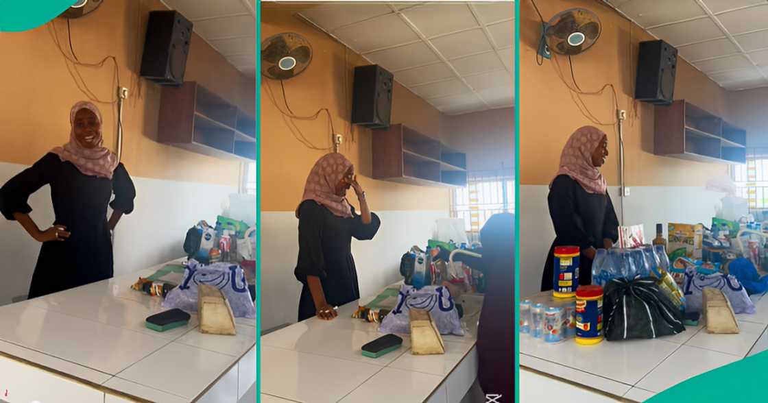 Dr Aminah Badmos, a lecturer at the Federal University of Agriculture, Abeokuta (FUNAAB), becomes emotional as students surprise her in class. Dr Aminah Badmos, a lecturer at the Federal University of Agriculture, Abeokuta (FUNAAB), becomes emotional as students surprise her in class.