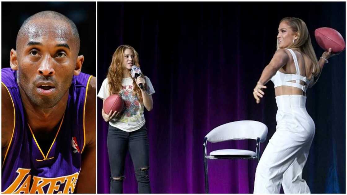 A collage of Kobe Bryant when he was playing for Lakers, and Jennifer Lopez and Shakira during the press conference. A collage of Kobe Bryant when he was playing for Lakers, and Jennifer Lopez and Shakira during the press conference.