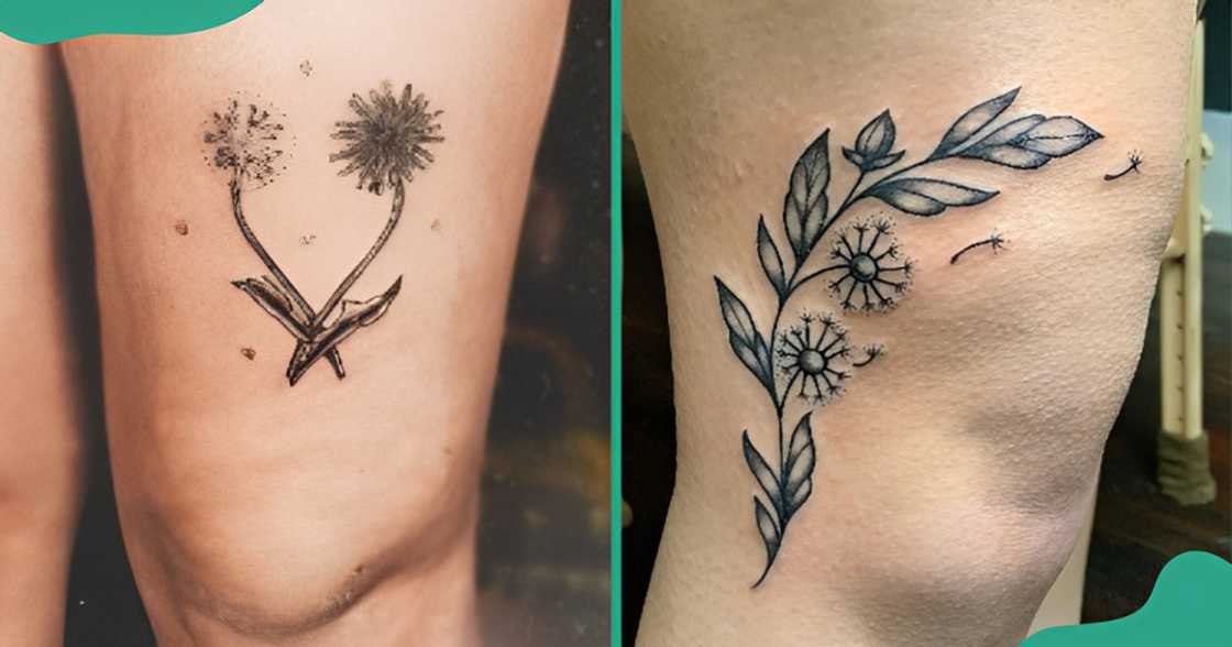 Detailed blown dandelion tattoos around the knee Detailed blown dandelion tattoos around the knee