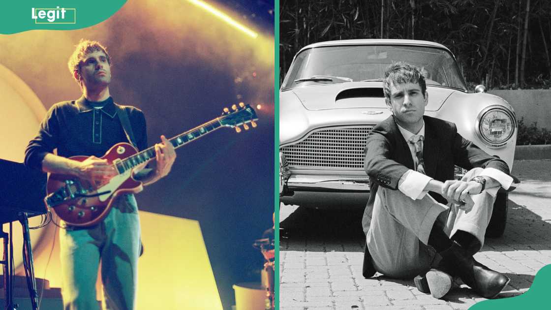Jesse Perlman playing the guitar onstage and in a suit sitting cross-legged in front of a classic car Jesse Perlman playing the guitar onstage and in a suit sitting cross-legged in front of a classic car