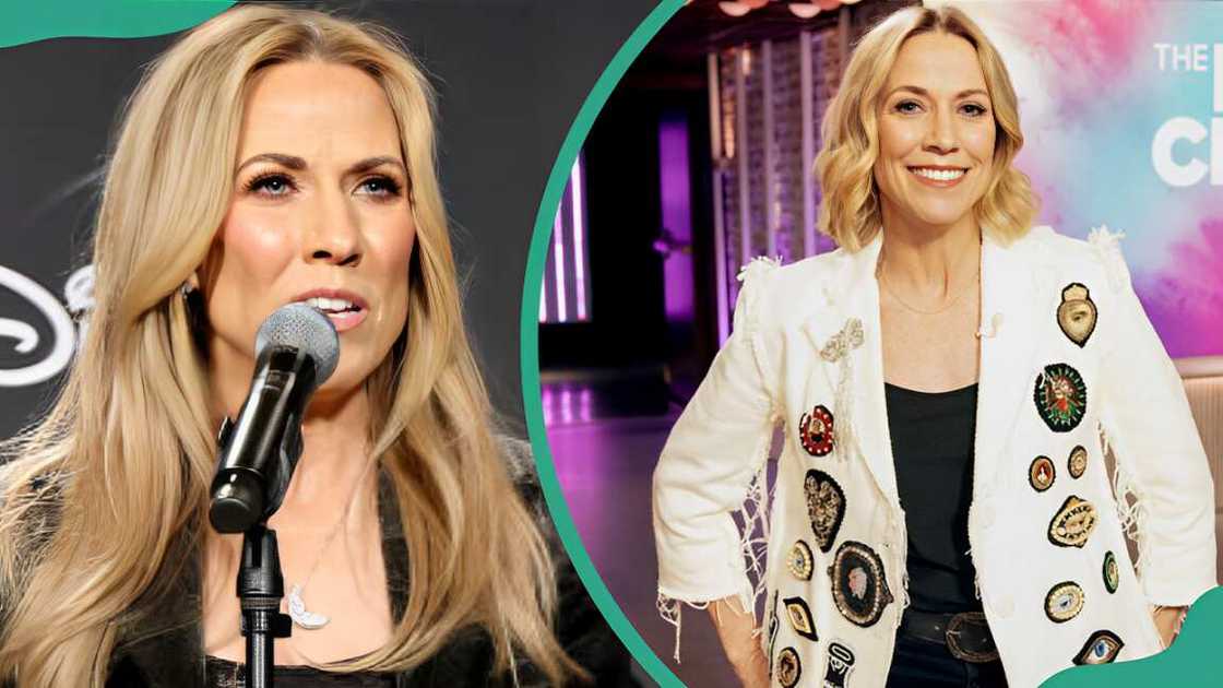 Sheryl Crow giving a speak at an event (L). The singer poses for a photo at The Kelly Clarkson Show (R)