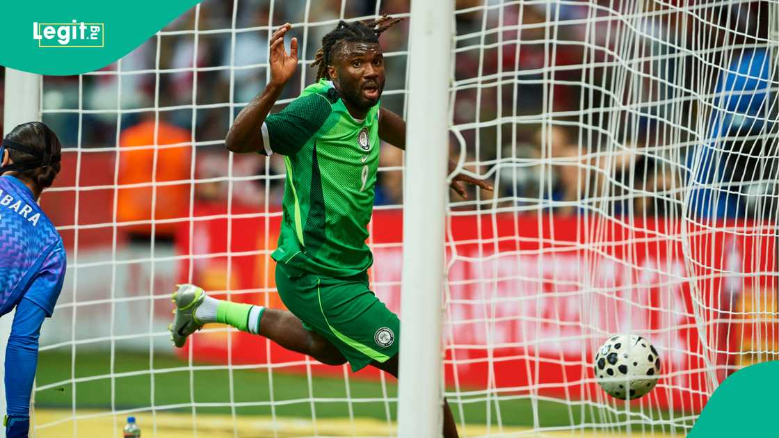 Terem Moffi scores for Nigeria against Poland at the PGE National Stadium in Warsaw. Photo by Adam Nurkiewicz