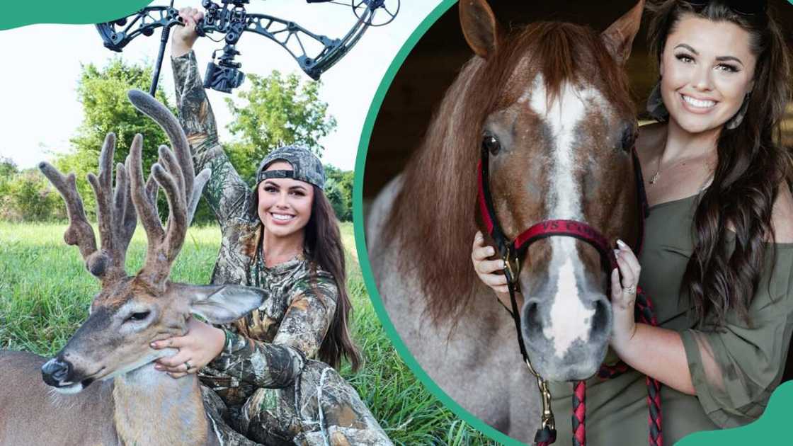 Katie posing for a photo holding a deer (L) and holding a horse (R)