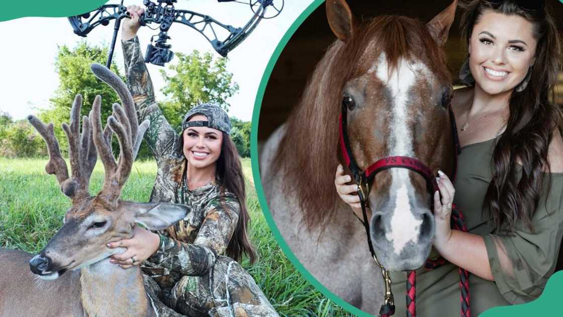 Katie posing for a photo holding a deer (L) and holding a horse (R) Katie posing for a photo holding a deer (L) and holding a horse (R)
