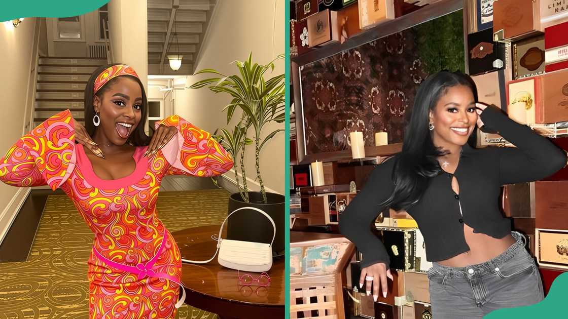 Ashley posing in a flowery dress indoors (L). The reality star in a black top and grey jeans in bar (R)