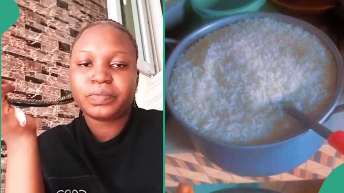 Woman laments as her son cooks plenty of rice.