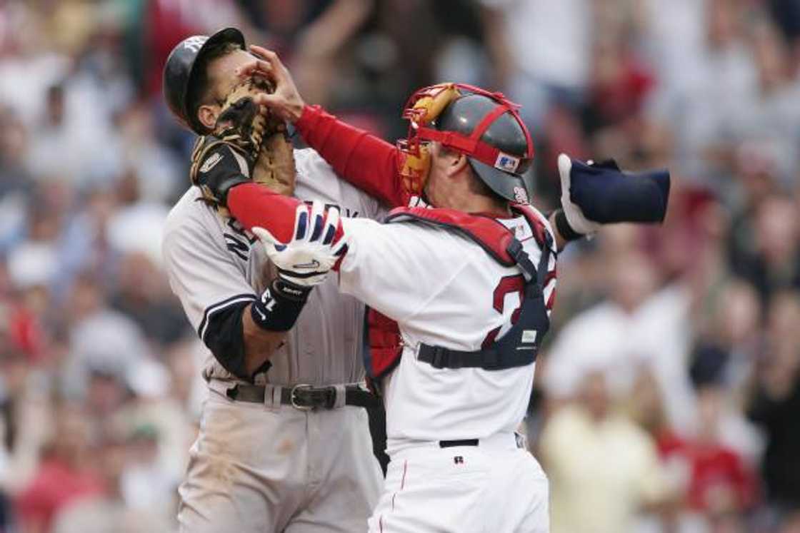 Alex Rodriguez of the Yankees and Red Sox catcher Jason Varitek 2004 fight. Alex Rodriguez of the Yankees and Red Sox catcher Jason Varitek 2004 fight.