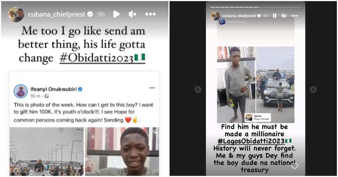 Cubana Chiefpriest looks for boy who went viral at Peter Obi's Lagos rally. Cubana Chiefpriest looks for boy who went viral at Peter Obi's Lagos rally.