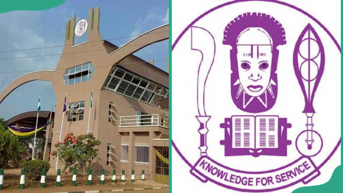 University of Benin main building and logo University of Benin main building and logo