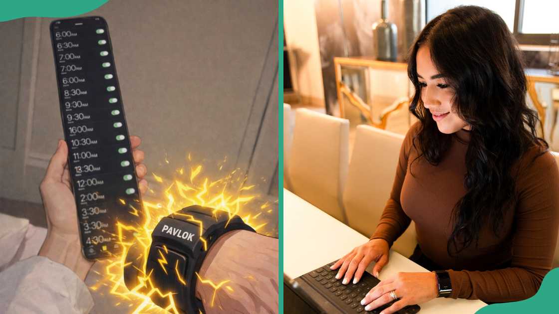 Display illustrating Pavlok in action, and a lady with a Pavlok wearable on her wrist Display illustrating Pavlok in action, and a lady with a Pavlok wearable on her wrist