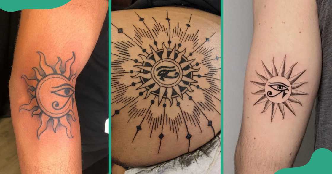 The sun around the Eye of Horus tattoo designs on the arms and the chest. The sun around the Eye of Horus tattoo designs on the arms and the chest.