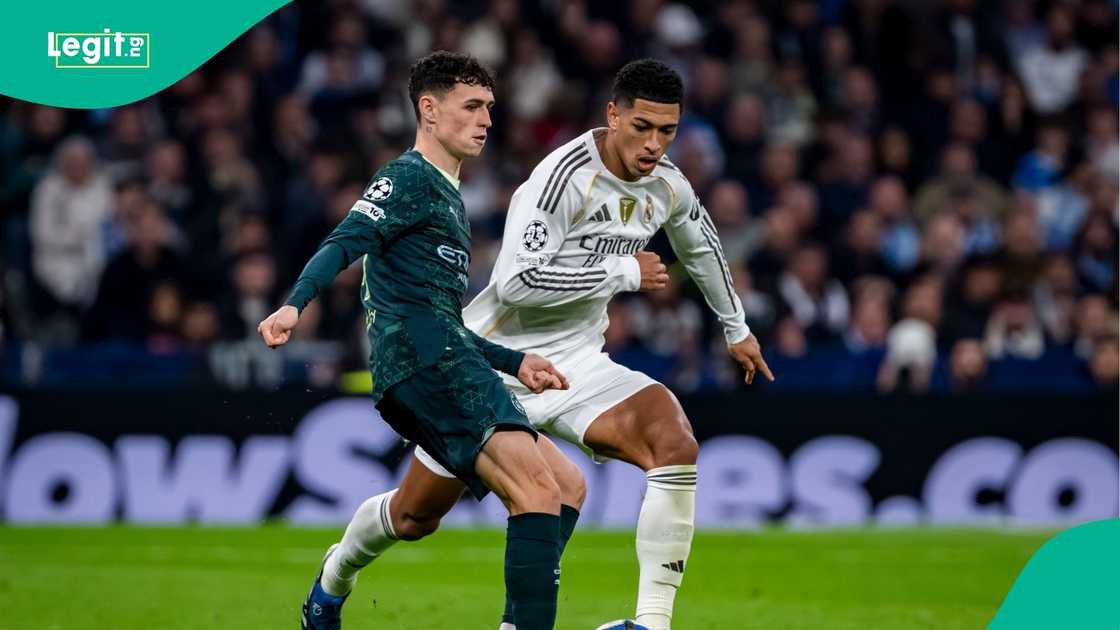Phil Foden, Jude Bellingham, UEFA, Champions League, Real Madrid, Manchester City, Santiago Bernabeu, Spain. Phil Foden, Jude Bellingham, UEFA, Champions League, Real Madrid, Manchester City, Santiago Bernabeu, Spain.