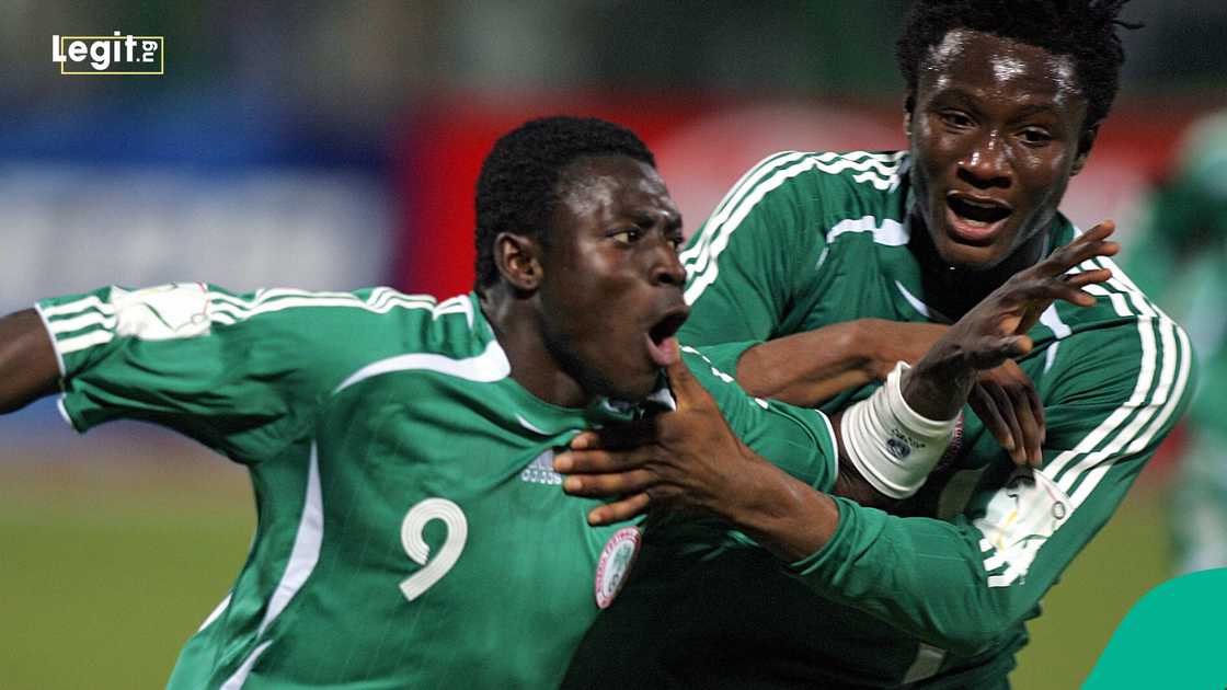 Nigeria's Obafemi Martins with John Obi Mikel after scoring the first goal against Senegal during the 2006 African Nations Cup (CAN) in Cairo, Egypt. Nigeria's Obafemi Martins with John Obi Mikel after scoring the first goal against Senegal during the 2006 African Nations Cup (CAN) in Cairo, Egypt.