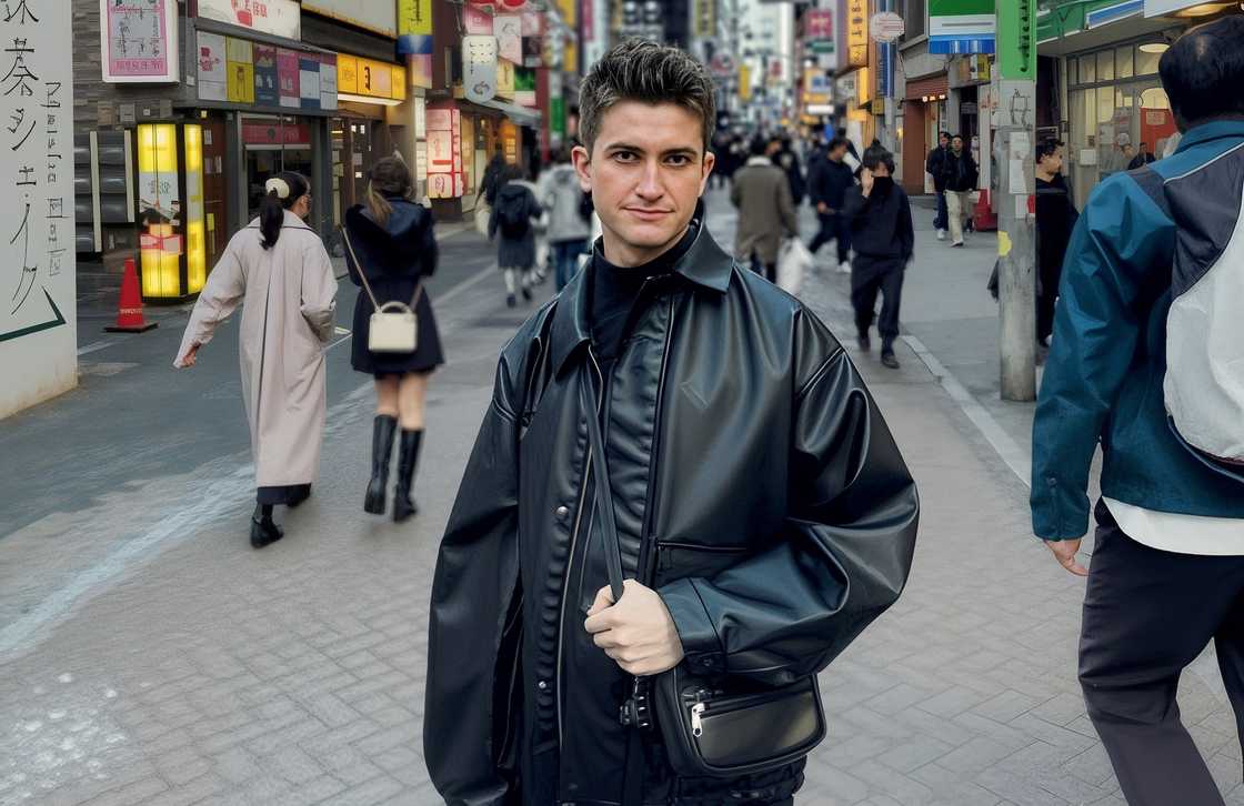 James poses poses standing in a street in Tokyo James poses poses standing in a street in Tokyo