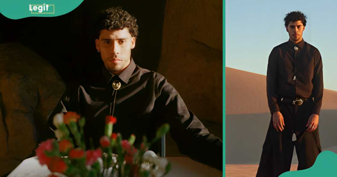 Bernie Ocasio poses sitting and standing in a black suit in a desert for the Bad Bunny x Adidas campaign.