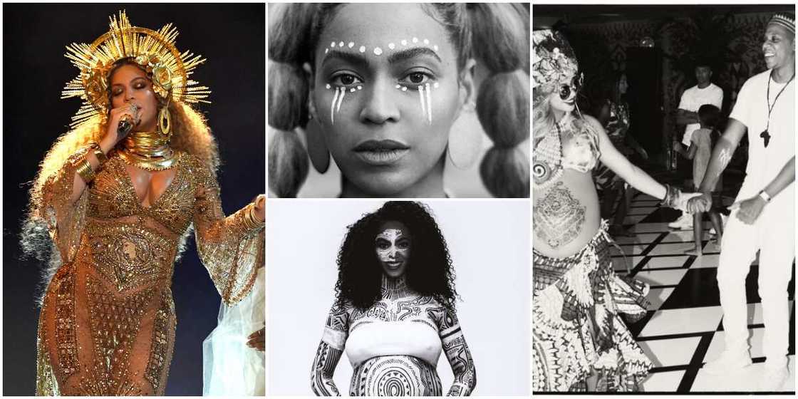 Beyoncé at 2017 Grammys, Beyoncé in sorry video, Beyoncé and Jay Z at her African themed baby shower party