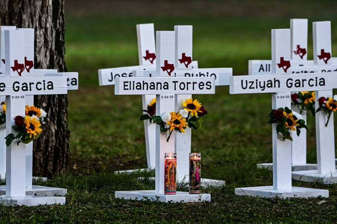 Crosses adorn a makeshift memorial for the shooting victims at Robb Elementary School in Uvalde, Texas, on May 26, 2022 Crosses adorn a makeshift memorial for the shooting victims at Robb Elementary School in Uvalde, Texas, on May 26, 2022