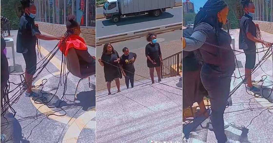 Lady makes long braids, eight hairdressers Lady makes long braids, eight hairdressers