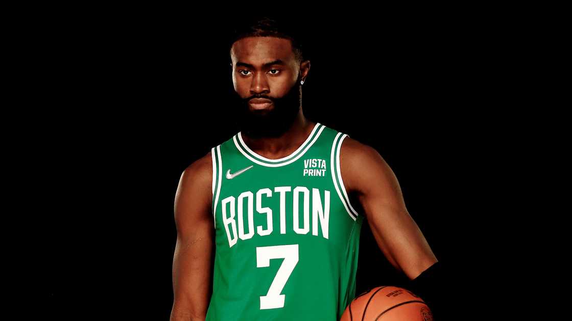 Jaylen Brown of the Boston Celtics poses for a photo during a 2021 media day Jaylen Brown of the Boston Celtics poses for a photo during a 2021 media day