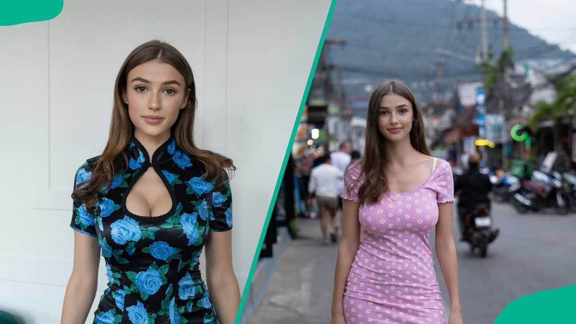 Olivia Casta is posing in blue floral and pink polka dot dresses Olivia Casta is posing in blue floral and pink polka dot dresses