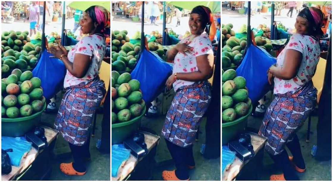 Photos of a mango seller dancing in her shop.