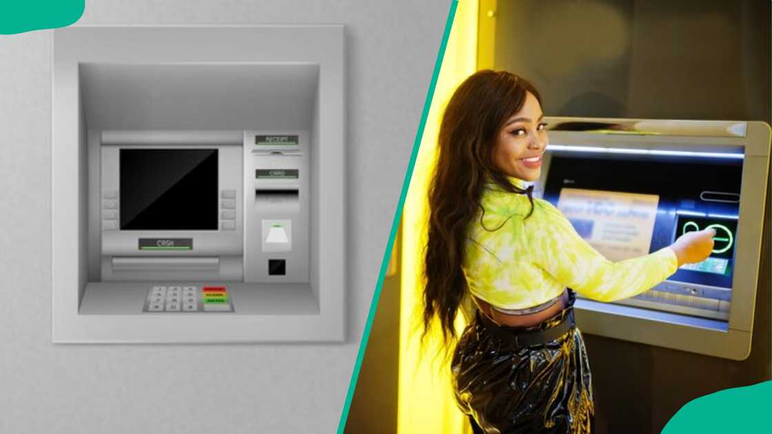 A woman using an ATM machine and an ATM machine on grey wall A woman using an ATM machine and an ATM machine on grey wall