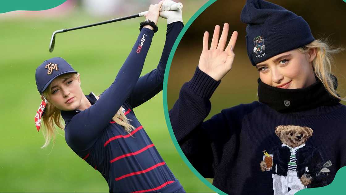 Kathryn Newton playing golf (L). Newton waving in a navy blue sweater (R)