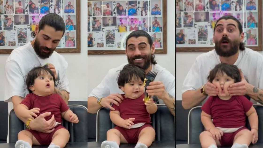 Little boy and barber smile together