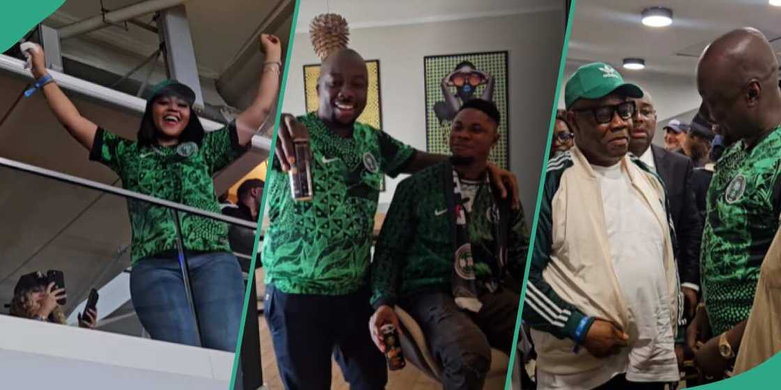 Regina Daniels, Obi Cubana and Godswill Akapabio celebrating Super Eagles