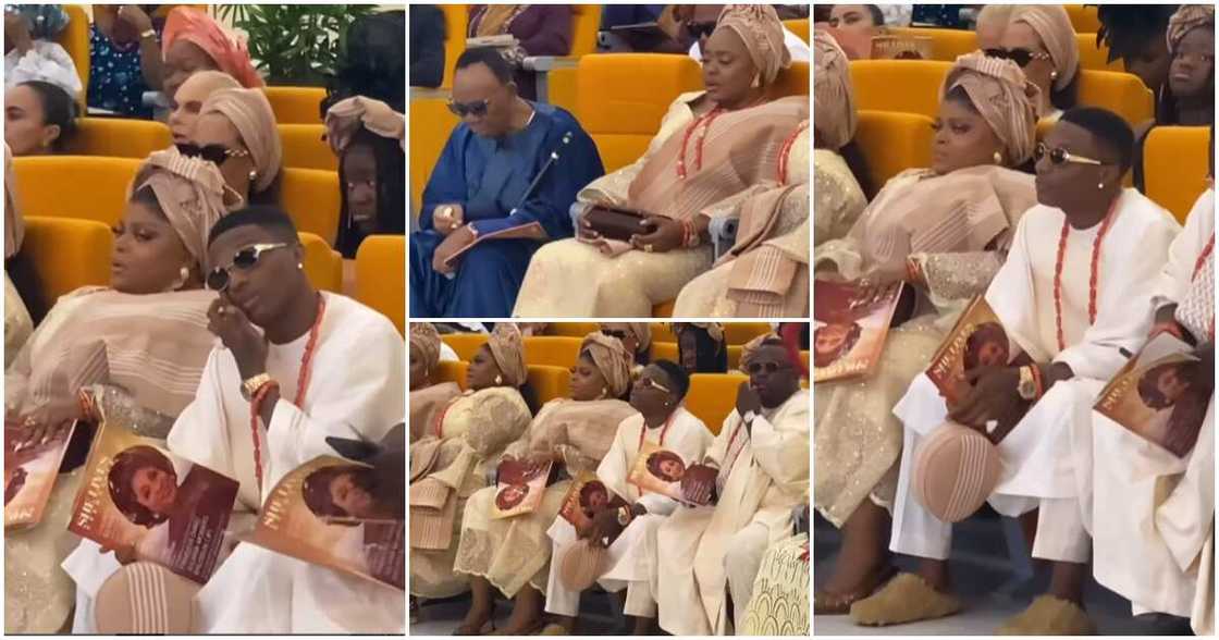 Wizkid with dad and sisters in church for late mum's funeral service.