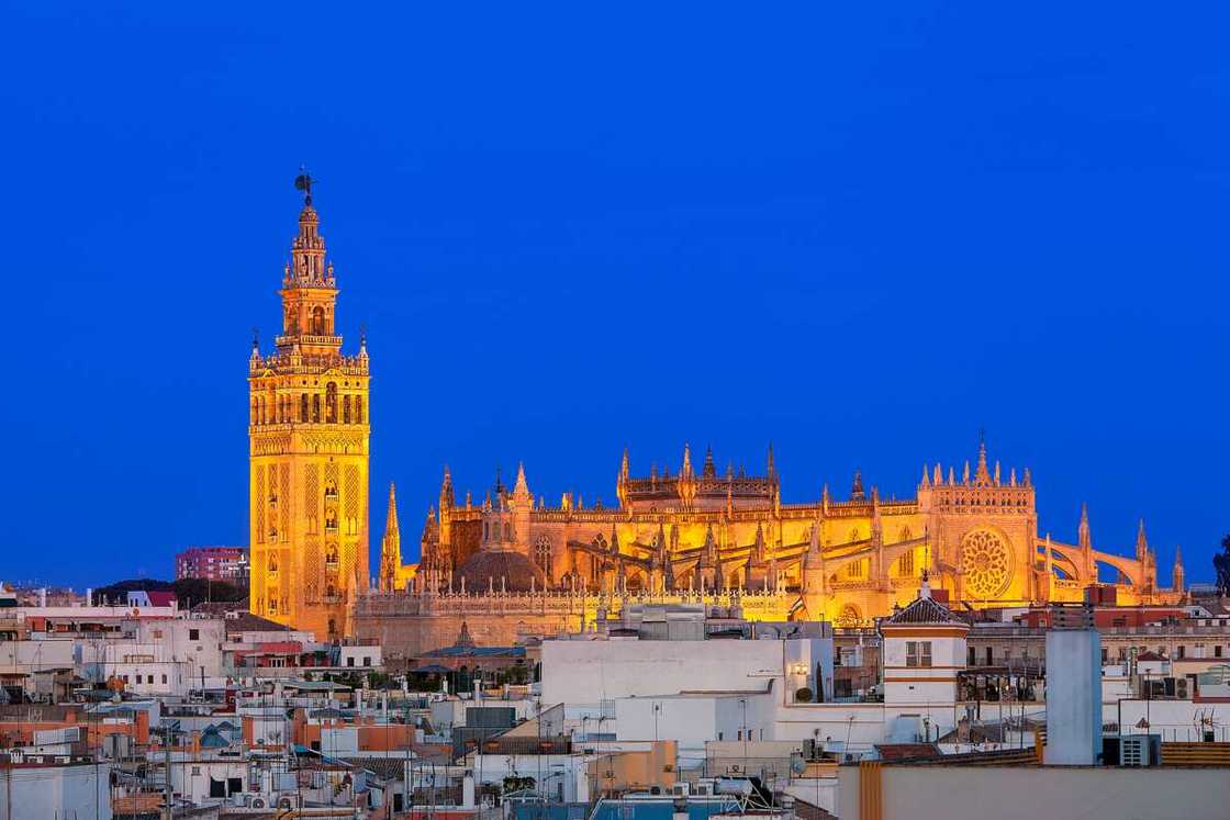 La Giralda, Seville Cathedral at dusk. La Giralda, Seville Cathedral at dusk.