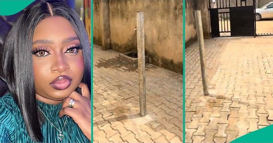 Nigerian landlady mounts two poles inside her compound Nigerian landlady mounts two poles inside her compound