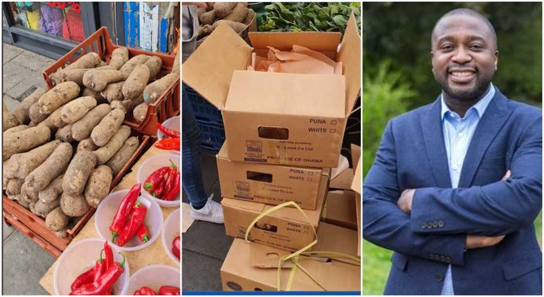 Photos of a man who sells yam in the UK.