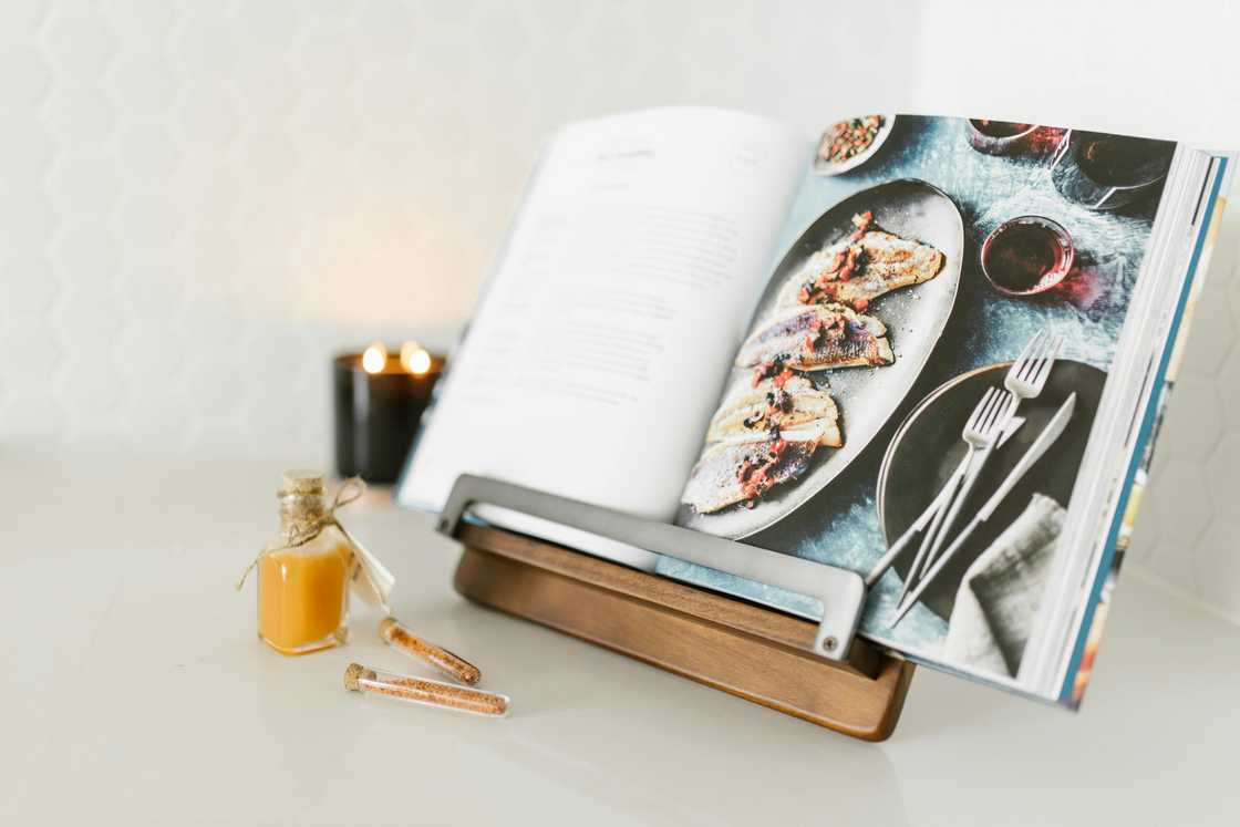 A cookbook on a stand A cookbook on a stand