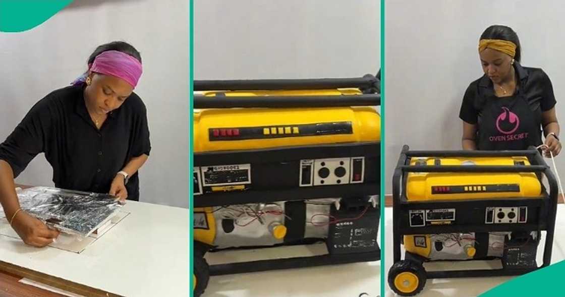 Lady shows off baking process of cake that looks like fuel powered generator. Lady shows off baking process of cake that looks like fuel powered generator.