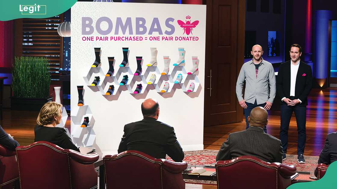 Bombas Shark Tank founders delivering their pitch Bombas Shark Tank founders delivering their pitch