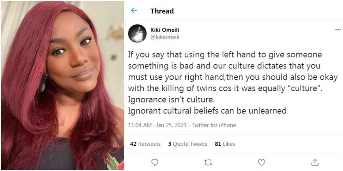 Actress Kiki Omeili compares left handedness to abolished culture of killing twins, fans react Actress Kiki Omeili compares left handedness to abolished culture of killing twins, fans react