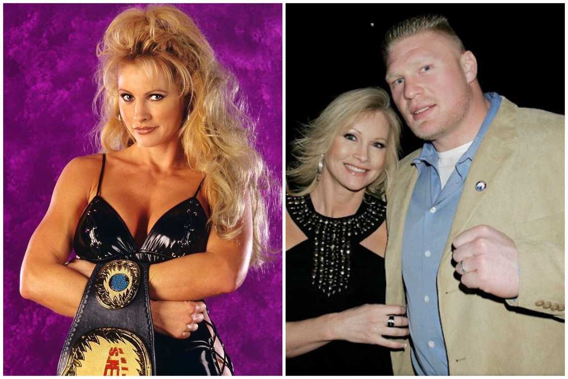 Rena Marlette displaying a wrestling belt (L). Brock Lesnar and his wife pose for a picture (R).