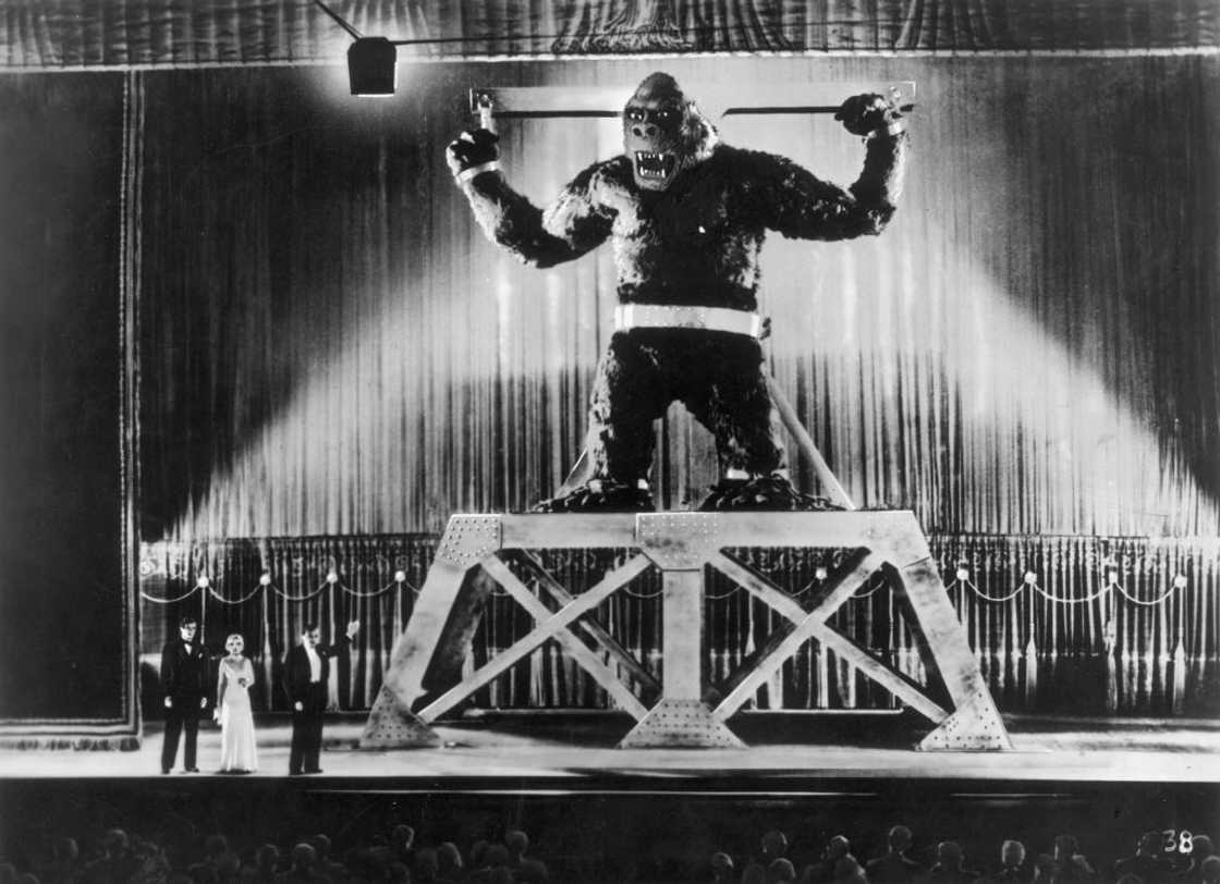 King Kong the giant ape is displayed on stage in the film 'King Kong'