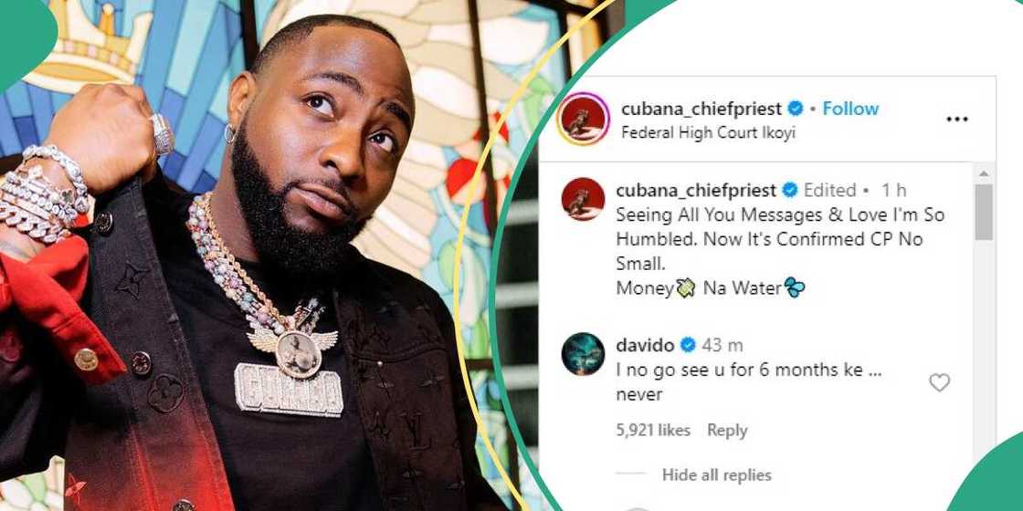 Screenshot of Davido's comment about Cubana Chiefpriest